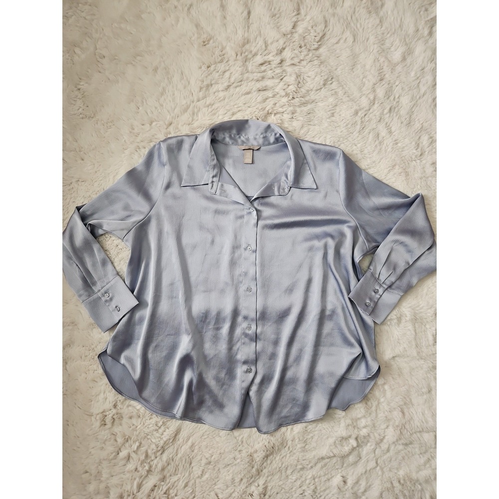 H&M Satin Button Up Shirt XXL Blue Grey Textured Long Sleeve Blouse Plus Size